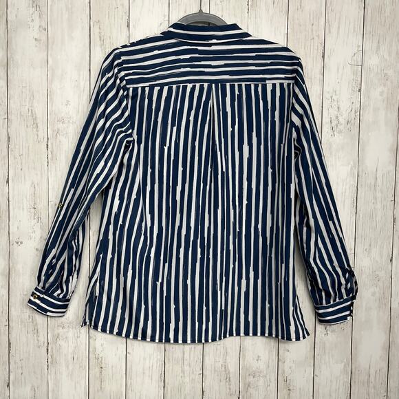 Ann Klein Blue White Stripe Roll Sleeve Lightweight Beach Summer Button Up Shirt - Picture 2 of 10